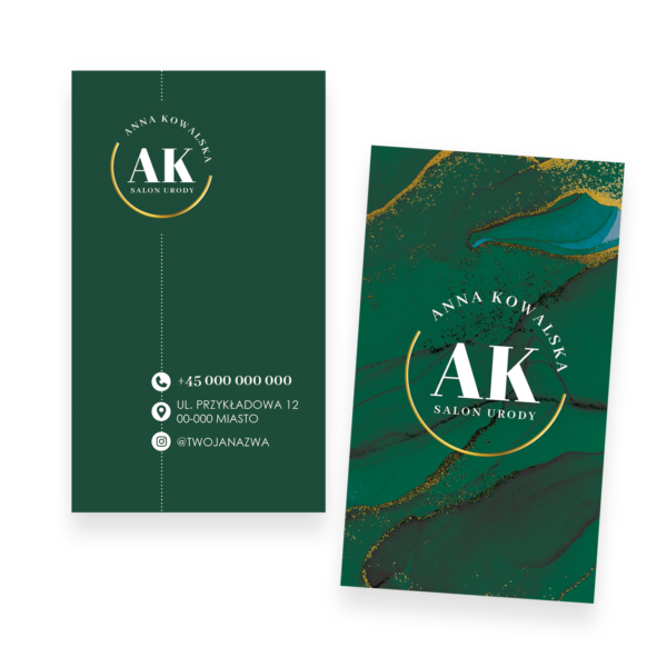 Wizytówka w kolorze butelkowej zieleni z pięknym wzorem i minimalistycznym designem